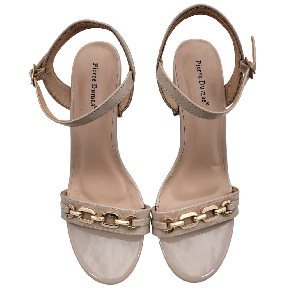 Pierre Dumas Womens Nude Patent Leather Heeled Sandals Gold Chain Accent Sze 8.5